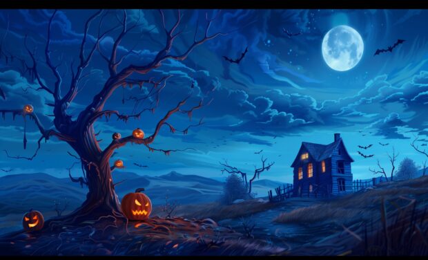 Halloween pumpkins, dead trees, full moon.