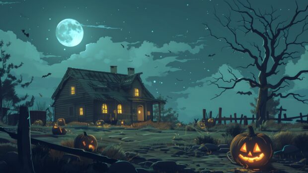 Halloween pumpkins , dead trees , full moon, house.