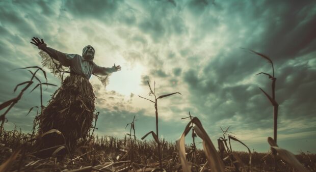 Halloween scarecrow standing in a haunted cornfield.