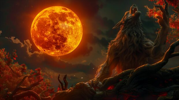 Halloween werewolf howling at the full moon.