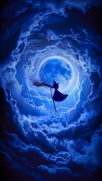 Halloween witch flying on a broomstick under a full moon with swirling clouds.