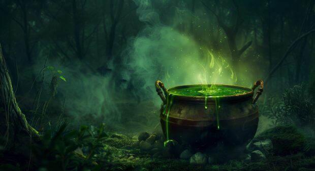 Halloween witch cauldron bubbling with green potion in the forest.