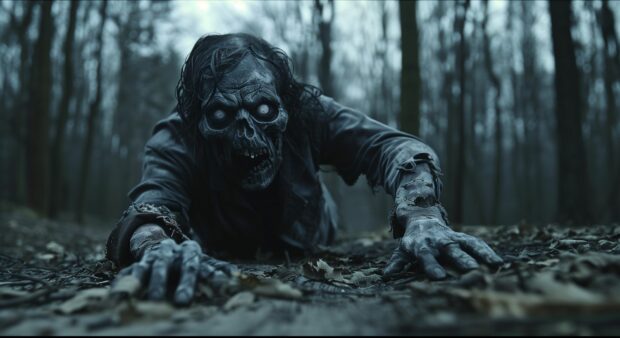 Halloween zombie rising from the ground in a dark forest.