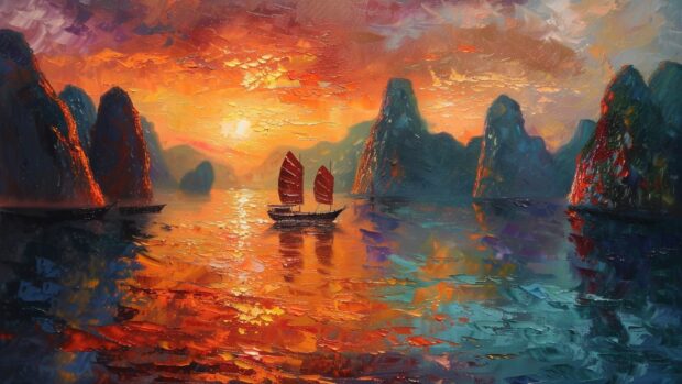 Halong bay sunrise image for desktop background oil painting.