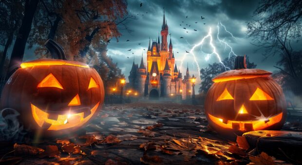 Haunted Halloween castle with lightning striking in the background for desktop.