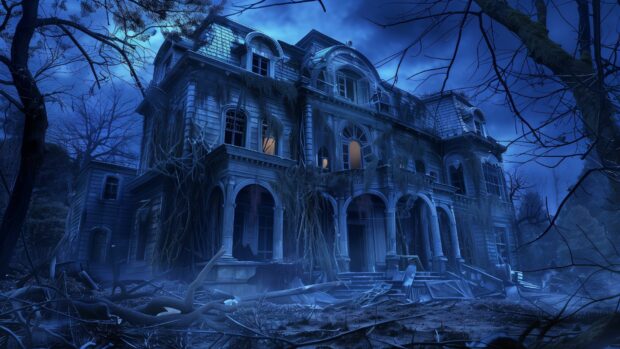 Haunted Halloween mansion with shattered windows and overgrown vines.