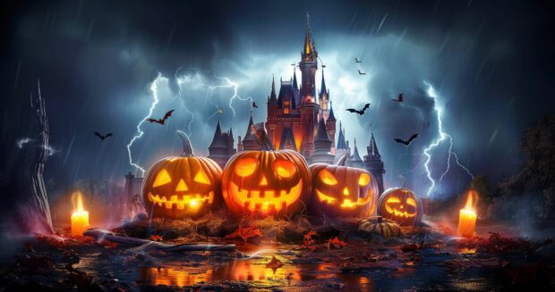 Haunted castle with lightning striking in the background, Halloween Wallpaper 4K.