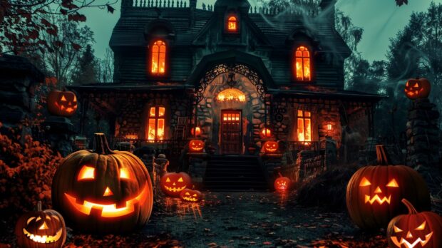 Haunted house on Halloween night with glowing pumpkins.