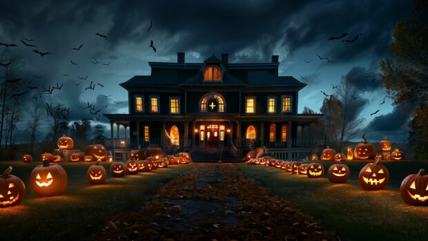 Haunted house on Halloween night with glowing pumpkins, Wallpaper 4K .