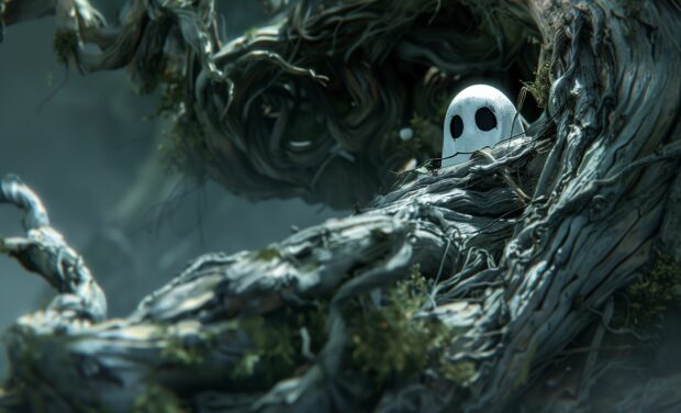 Haunting Halloween ghost peeking out from behind a gnarled tree.