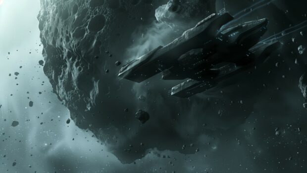 High tech spaceship flying close to a giant asteroid, with stars and deep space as the backdrop.