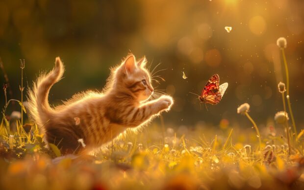 Illustration of a playful cool kitten chasing a butterfly in a sunny garden.