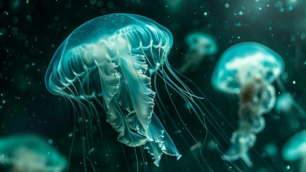 Jellyfish drifting gracefully in an underwater ocean scene wallpaper HD.