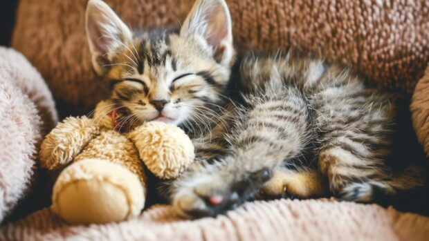 Kitten cuddling with a stuffed animal, Cute Cat wallpaper 4K.