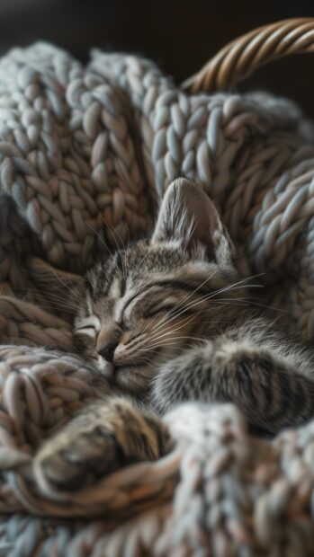 Kitten curled up in a basket, Cat wallpaper iPhone.