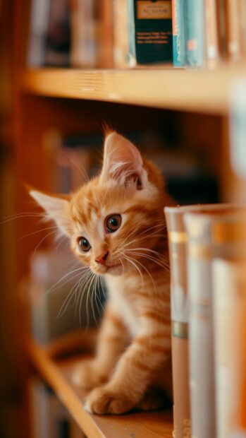 Kitten exploring a bookshelf.