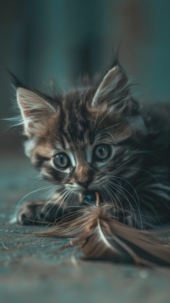 Kitten playing with a feather toy, Cat 4K wallpaper iPhone.