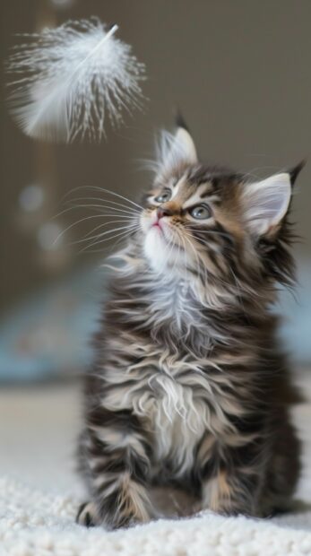 Kitten playing with a feather toy, Lovely Cat Wallpaper.