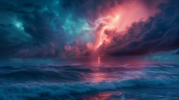 Lightning striking over a raging ocean storm with turbulent seas 2.