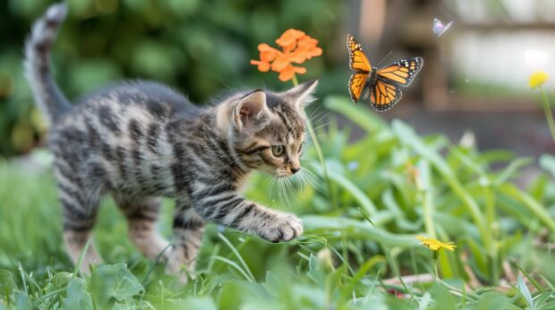 Lovely Cat HD Wallpaper with a playful kittens chasing butterflies in a garden.