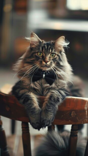 Lovely cat iPhone wallpaper with a bowtie sitting on a chair.