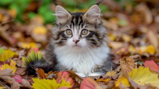 Lovely kitten in a pile of autumn leaves.