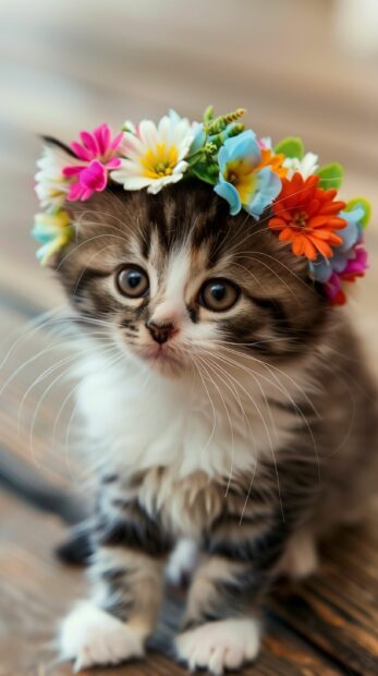Lovely kitten with a flower crown, wallpaper for mobile device.