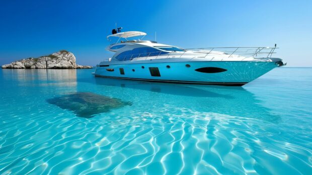 Luxury yacht sailing on a cool crystal clear ocean.