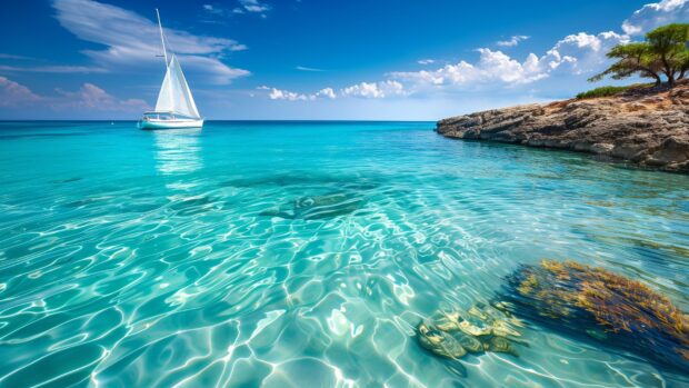 Luxury yacht sailing on a cool crystal clear ocean.