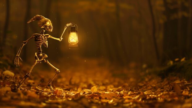 Macabre Halloween skeleton dancing under the light of a flickering lantern.