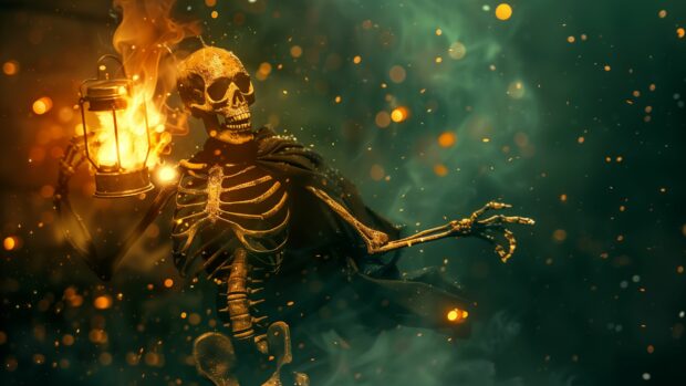 Macabre skeleton dancing under the light of a flickering lantern, Halloween Wallpaper 4K.