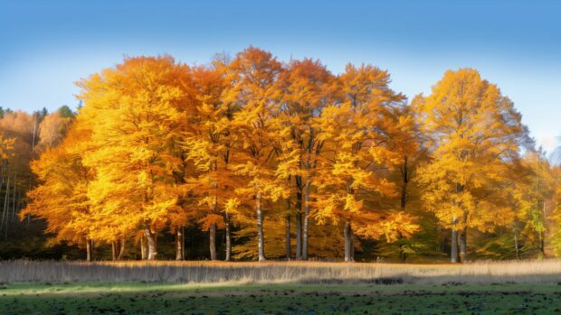 Majestic autumn trees with golden leaves against a clear blue sky.