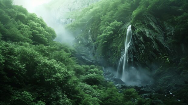 Majestic cliffs with a waterfall, lush greenery, mist rising 3.