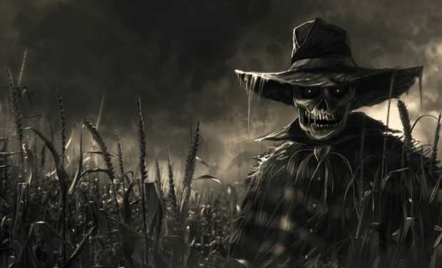 Menacing Halloween scarecrow standing guard in a dark cornfield .