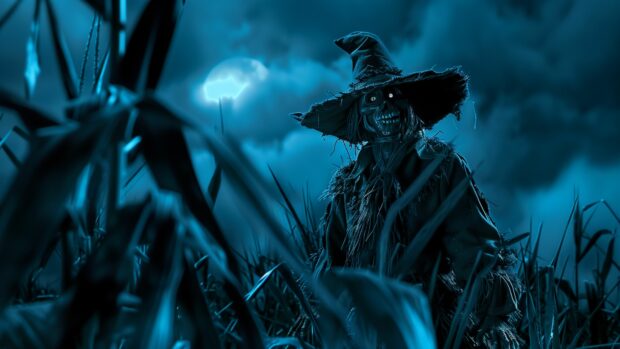 Menacing Halloween scarecrow standing guard in a dark cornfield.