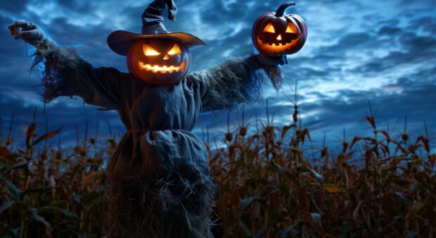 Menacing Halloween scarecrow standing guard in a dark cornfield.