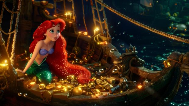 Mermaid Wallpaper with an Ariel exploring a sunken ship filled with treasures and trinkets.