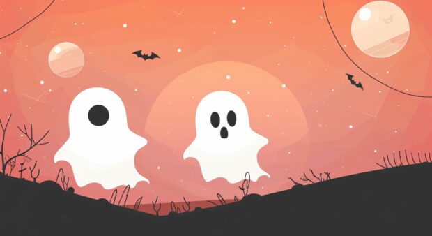 Minimalist Halloween ghost silhouettes against a gradient sky and geometric shapes.