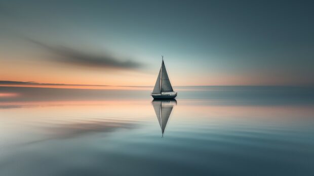 Minimalist abstract sailboat, calm water and sky Desktop wallpaper.