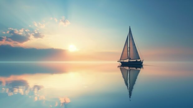 Minimalist abstract sailboat, calm water and sky desktop background.