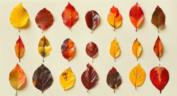 Minimalist arrangement of colorful autumn leaves on a neutral background.