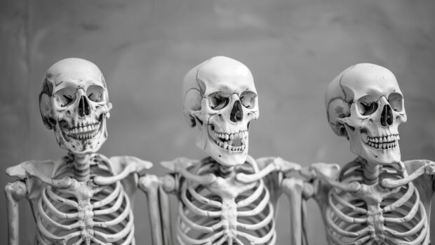 Modern Halloween skeleton figures in monochrome against a textured background.