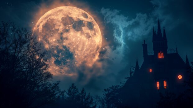 Mysterious Halloween moon casting eerie shadows on a haunted house.