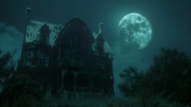 Mysterious Halloween moon casting eerie shadows on a haunted house.