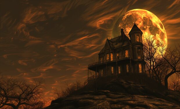 Mysterious Halloween moon casting eerie shadows on a haunted house.