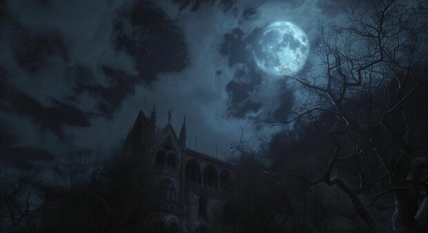 Mysterious Halloween moon casting eerie shadows on a haunted house.