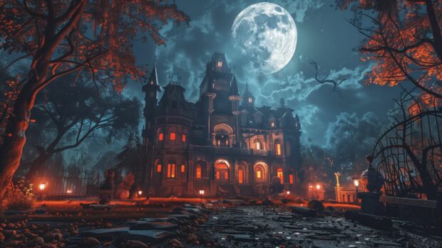 Mysterious Halloween moon casting eerie shadows on a haunted house.