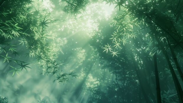 Nature 4K wallpaper with bamboo forest with sunlight filtering through, serene and peaceful atmosphere.