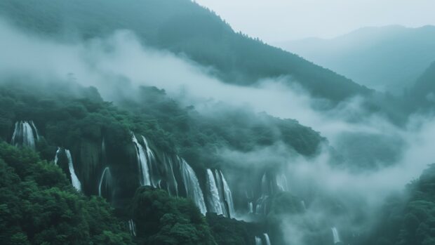 Nature Aesthetic with Misty mountain landscape with cascading waterfalls, lush greenery, ethereal light breaking through clouds.