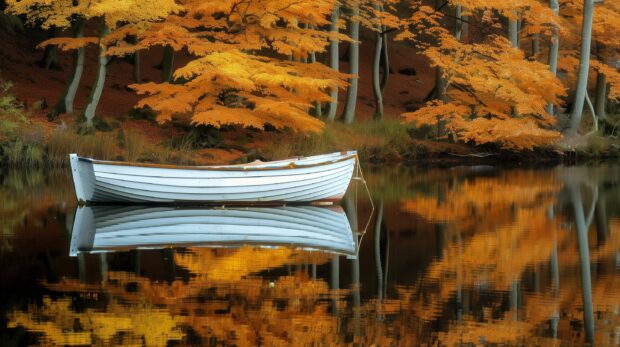 Nature Background with a tranquil lake reflecting the cool autumn foliage.